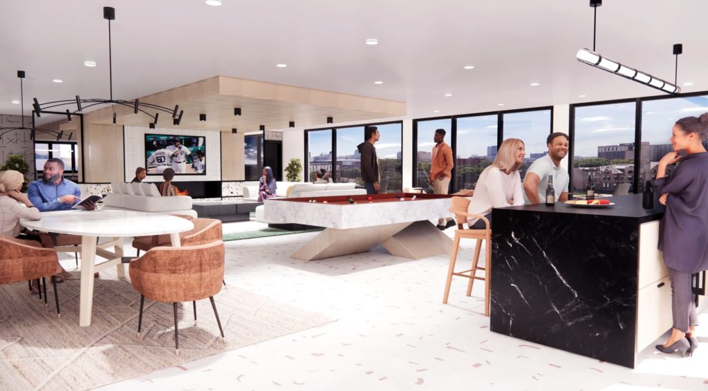 Rendering of Woodward West's community room, which features a pool table, stone island, large television, large windows, and seating. The decor features neutral colors, light textures, and matte black lighting.