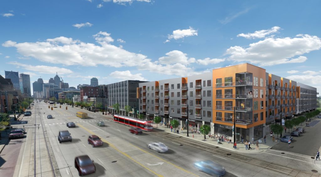 Exterior rendering of Woodward West, featuring modern architecture with gray and orange accents, glass windows, and many balconies.