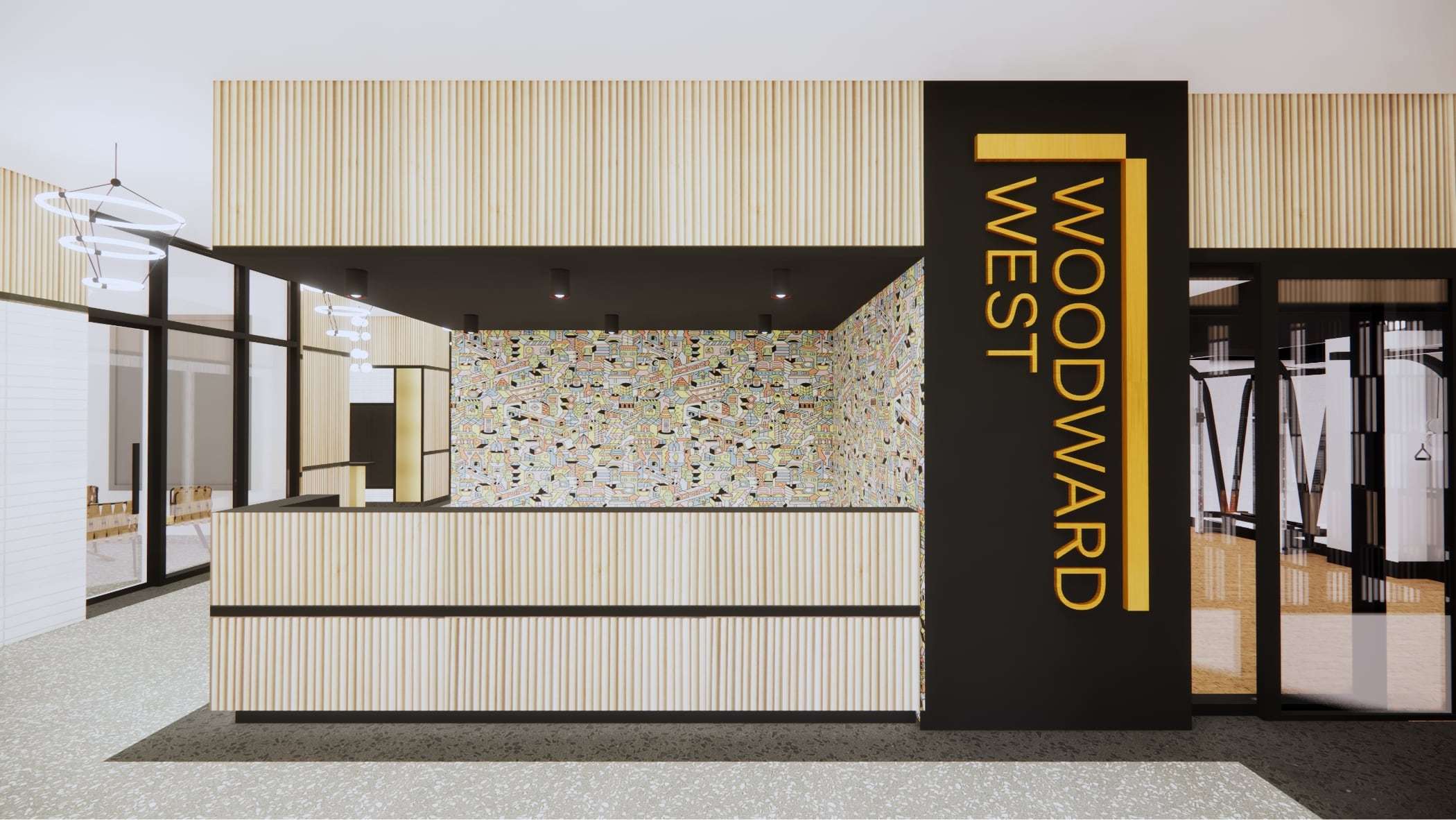 Rendering of Woodward West's lobby, with light wooden panelling and a colorful mural surrounding a large welcome desk. To the left are community rooms and to the right is a fitness center, all with glass doors.