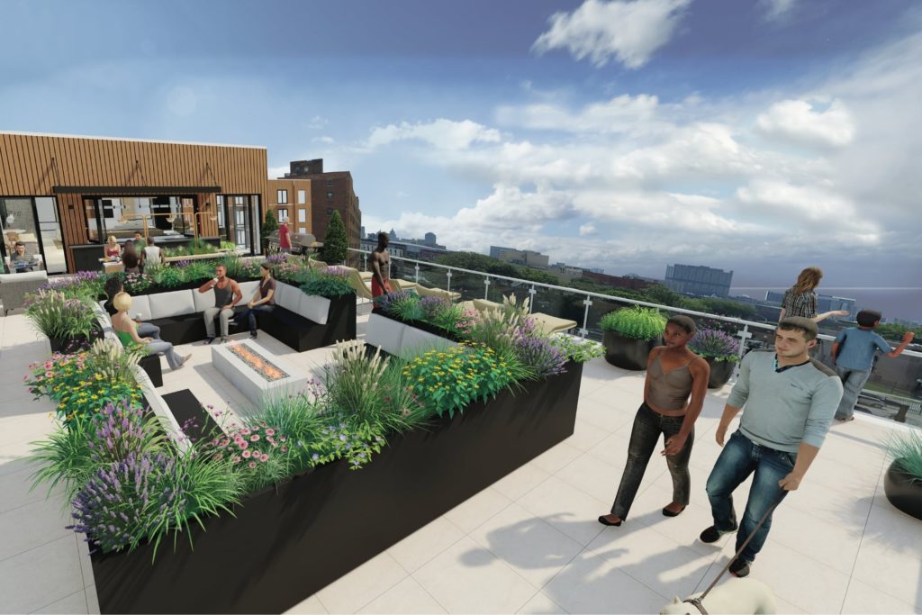 Rendering of Woodward West's rooftop terrace, featuring lots of greenery, seating and a skyline view of Detroit.