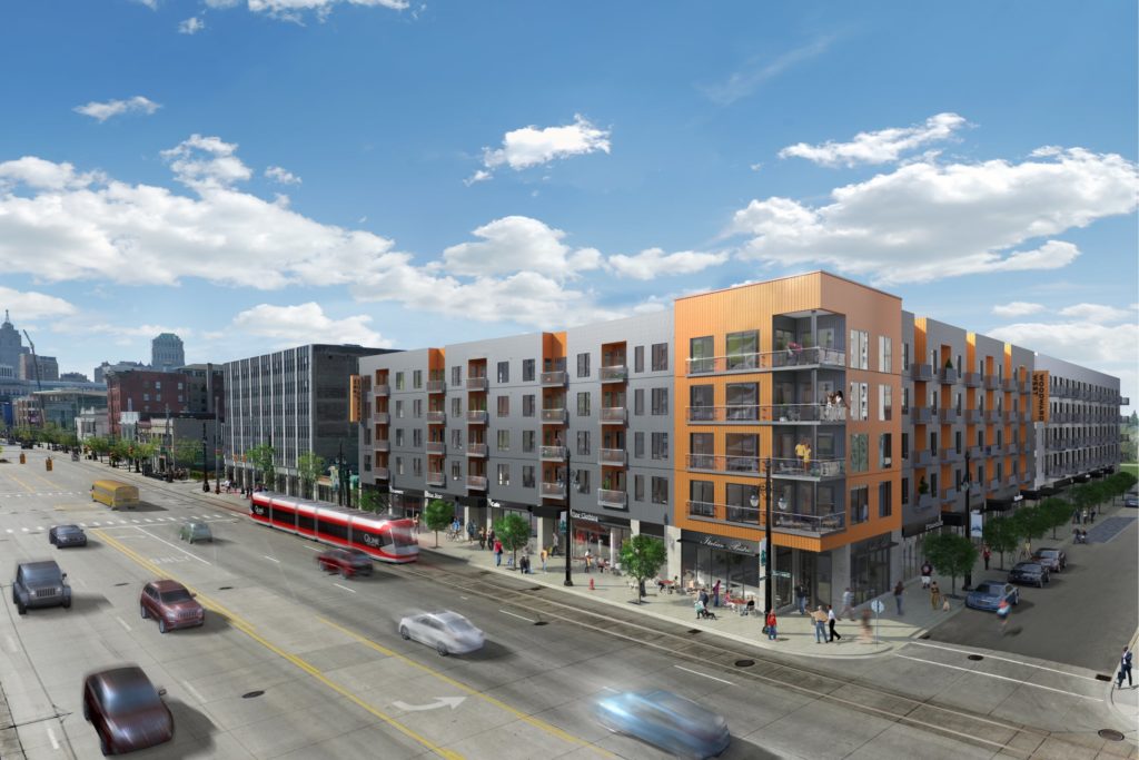Exterior rendering of Woodward West, featuring modern architecture with gray and orange accents, glass windows, and many balconies.